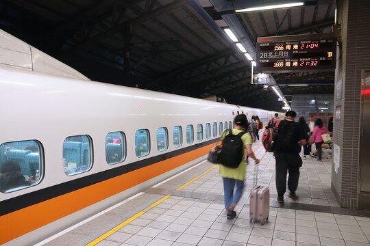 TAIPEI, TAIWAN - DECEMBER 2, 2018: High speed train (HSR) at Taipei Station, Taiwan. Taiwan High Speed Rail served 60 million passenger journeys in 2017.