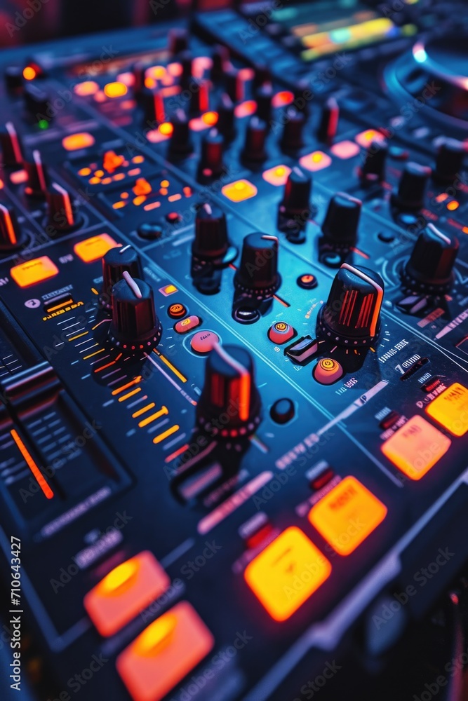 Poster A close-up view of a DJ's control board. This image captures the intricate details of the various knobs, buttons, and sliders used by DJs to mix and manipulate music.