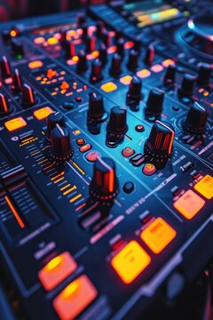 A close-up view of a DJ's control board. This image captures the intricate details of the various knobs, buttons, and sliders used by DJs to mix and manipulate music.