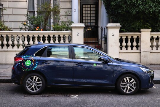 LONDON, UK - JULY 13, 2019: Zipcar car sharing Hyundai i30 compact hatchback car parked in London. There are 37.7 million vehicles registered in the UK.