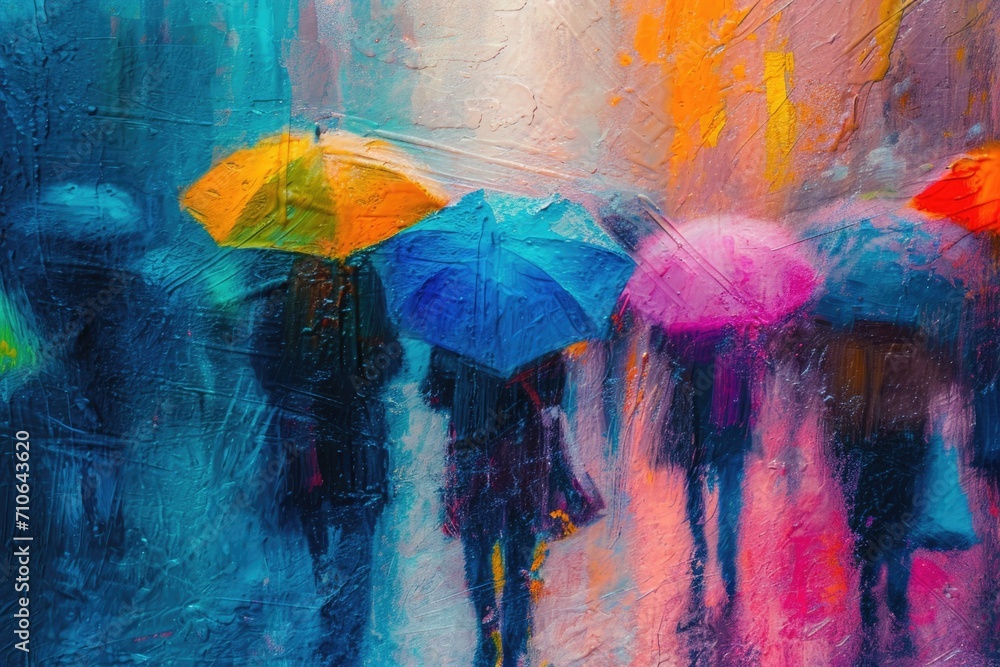 Poster people walking in the rain with umbrellas. suitable for weather-related articles or blogs