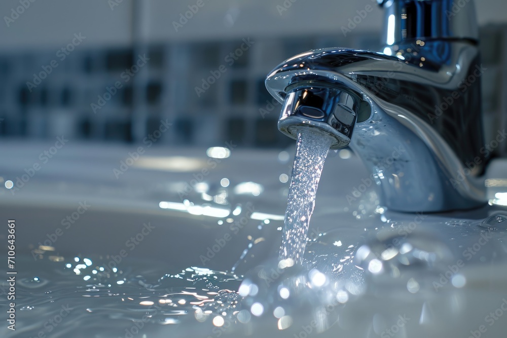 Poster A close-up view of a faucet with water running from it. This image can be used to depict concepts such as water conservation, plumbing, home improvement, and hygiene