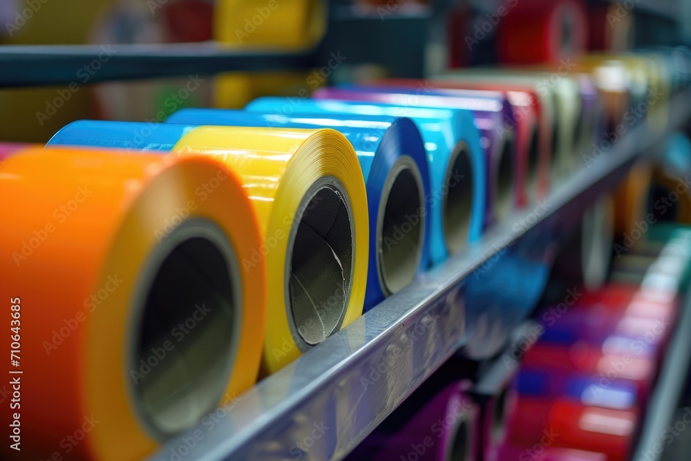 Poster A row of rolls of colored tape neatly arranged on a shelf. Ideal for various creative projects and DIY crafts