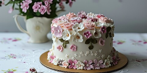Beautiful cake decorated with fresh flowers, wedding cake,birthday cake .
