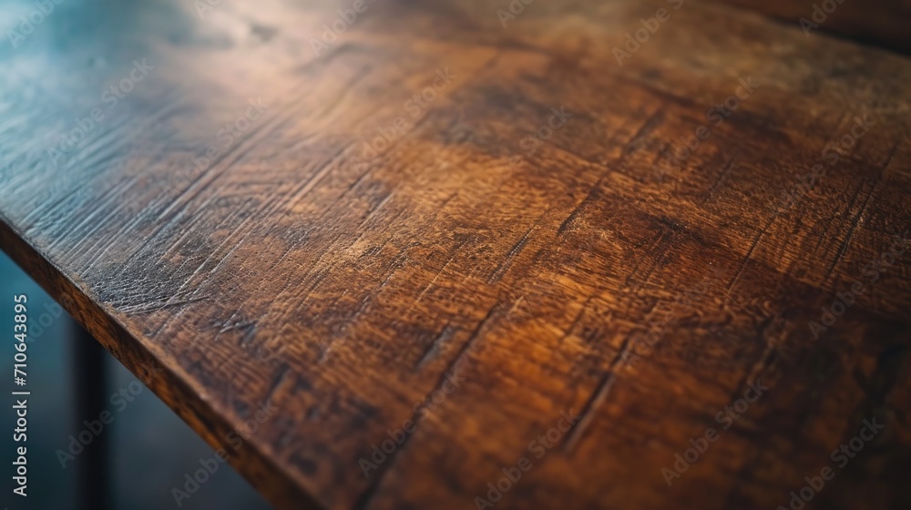 Poster a close-up shot of a wooden table with a blurry background. versatile for various uses