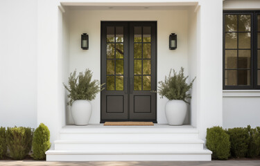 Fototapeta na wymiar Elegant home entrance with black door and decorative plants