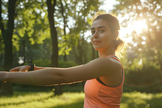 A healthy woman exercising in the park in the morning. Generative AI content.