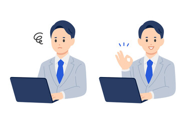 パソコンを見て悩む･OKポーズをするビジネスパーソン男性のセット【人物ベクターイラスト素材】