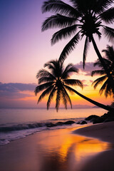 Silhouette of tropical beach during sunset twilight, seascape of summer beach and palm tree at sunset