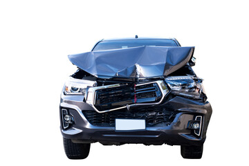Front view of black pickup truck car get damaged by accident on the road. damaged cars after...