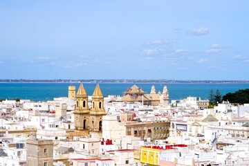 View from the observation tower Torre Tavira in Cadiz over the city with a view of the Parish of St...