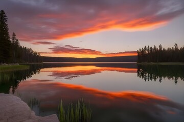 Fototapeta na wymiar A-stunning-sunset-casting-warm-hues-over-a-tranquil-lake-with-reflections-of-the-fiery-sky-mirrore
