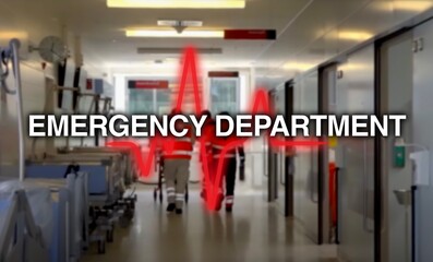 Emergency room lettering, in the background the heart rate and gait in the hospital with beds, lights and a team of emergency paramedics and an emergency doctor as well as a patient bed, emergency