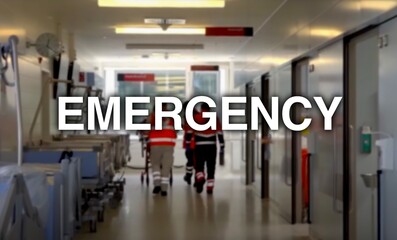 Emergency lettering, in the background a gait in the hospital with beds, lights and a team of emergency paramedics and an emergency doctor as well as a patient bed, emergency, clinic