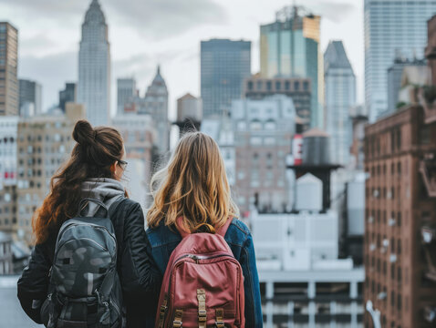 Two young women with backpacks looking at the New York City skyline