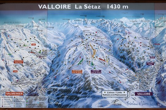 VALLOIRE, FRANCE - MARCH 27, 2015: Ski map in Galibier-Thabor station in France. The station is located in Valmeinier and Valloire and has 150km of ski runs.