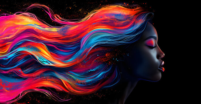 Silhouette Of A Black Woman With Abstract Colorful Hair In Liquid Motion Against A Dark Background, Perfect For Black History Month Concept Art.