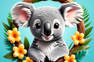 Cute cartoon koala character in a Hawaiian Lei flower wreath on a light blue background - obrazy, fototapety, plakaty