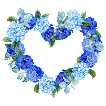 recommend clip art: Aquarelle Heart-shaped frame of blue hydrangea flowers and leaves