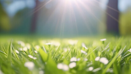 A close-up of a bright spring green grass field is illuminated by the soft rays of the evening sun, which shines directly into the camera.