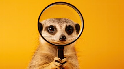 Meerkat with magnified eye holding magnifying glass, yellow backdrop. Generative AI