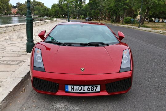 CORFU, GREECE - JUNE 5, 2016: Lamborghini Gallardo sports car parked in Corfu Town in Greece. The car was partially designed by Luc Donckerwolke.