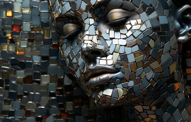 Metallic mosaic mask on humanoid figure in abstract setting