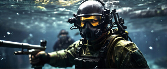 cyborg soldier fighting in underwater in ocean zone using weapon underwater conquer the seas with battleships, warships, and frigates in an epic battle of the oceans - obrazy, fototapety, plakaty