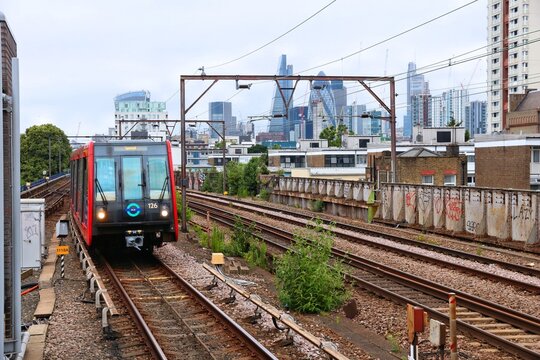 LONDON, UK - JULY 8, 2016: Docklands Light Railway (DLR) train in London, UK. DLR serves annual 110.2 million rides.