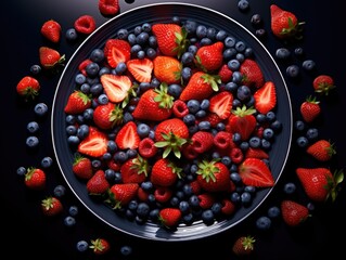 Platewith bright red strawberries and blueberries