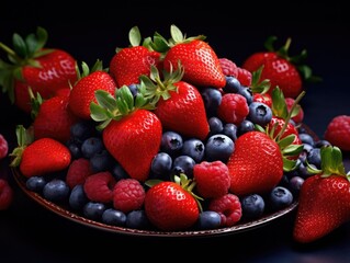 Platewith bright red strawberries and blueberries