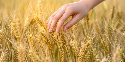 Closeup Female hand touching the tops of golden wheat in a sunlit field, capturing the essence of the harvest season. Touching Nature: Hand Over Wheat Field at Sunset. 