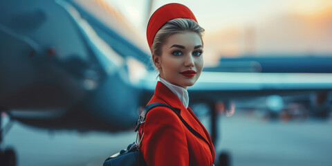 Portrait of a smiling flight attendant woman in red uniform standing confidently by a commercial airplane. Confident Flight Attendant by Aircraft, copyspace.