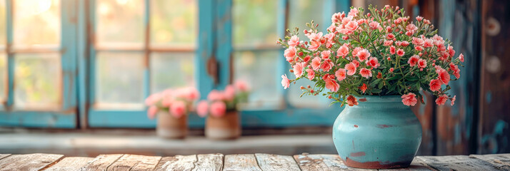 A blue ceramic vase filled with pink petunias sits on a wooden table in front of a window. Sunlight streams through the window, casting soft shadows on the table and flowers. - obrazy, fototapety, plakaty