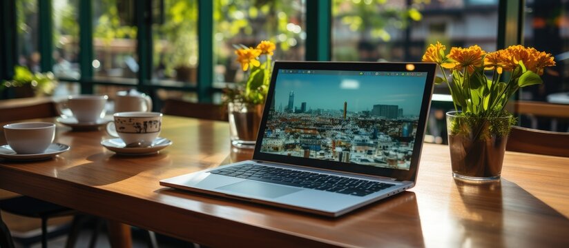 laptop placed on white table and cup of hot coffee in office workspace