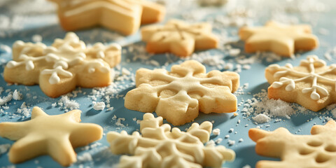 Sugar Cookies Pre-Baking. Sugar cookies cut into form of stars and snowflakes, sprinkled with sugar, ready for baking. - obrazy, fototapety, plakaty