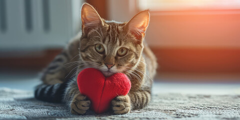 Tabby Cat Holding little Red Heart. Close-up of a tabby cat with a fuzzy red heart toy between its paws, expressing affection wallpaper. - Powered by Adobe