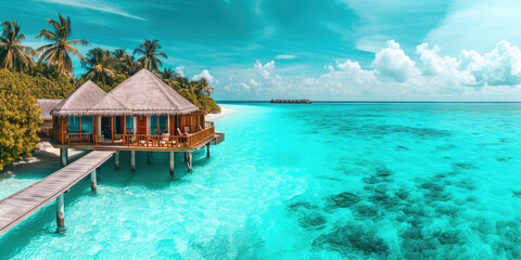 Tropical Resort Paradise with Overwater Bungalows, copy space for banner. Panoramic view of luxury overwater summer bungalows with thatched roofs in a tropical island resort, serene blue ocean water.