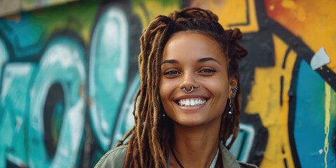 Young african woman with long dreadlocks and nose piercing smiling against a vibrant graffiti background with copy space. Urban Style: Smiling Woman with Dreadlocks. - obrazy, fototapety, plakaty