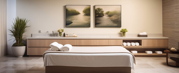 Serene spa massage room with nature wall art
