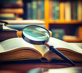 Open book with a magnifying glass on a wooden table against the background of bookshelves