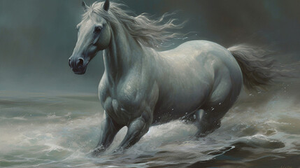 horse runs gallop in water