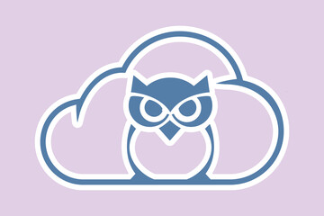 Owl Cloud logo vector in modern colorful logo sticker design. Owl and cloud sticker design vector isolated on purple background.
