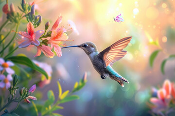 Hummingbird and flowers, nature background