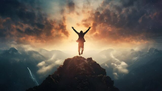 A successfull man sillhouete during sunset jumping on a top of moutain. Business success concept