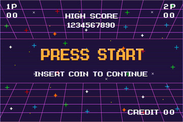 PRESS START INSERT A COIN TO CONTINUE. pixel art .8 bit game. retro game. for game assets in vector illustrations. - obrazy, fototapety, plakaty