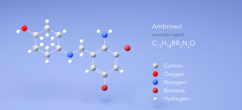 ambroxol molecule, molecular structures, mucolytic agent, 3d model, Structural Chemical Formula and Atoms with Color Coding