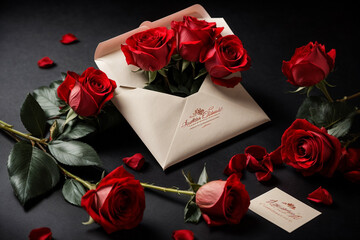 Red roses with envelope for Valentines Day