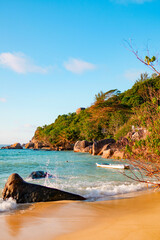 picturesque bright sunset landscape beach in Seychelles, nanure background
