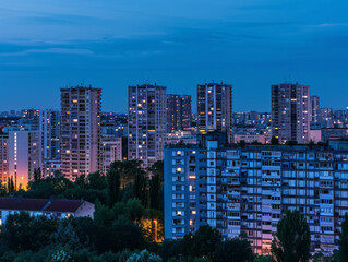 Naklejka premium Cityscape of the city at sunset, Moscow region, Russia.